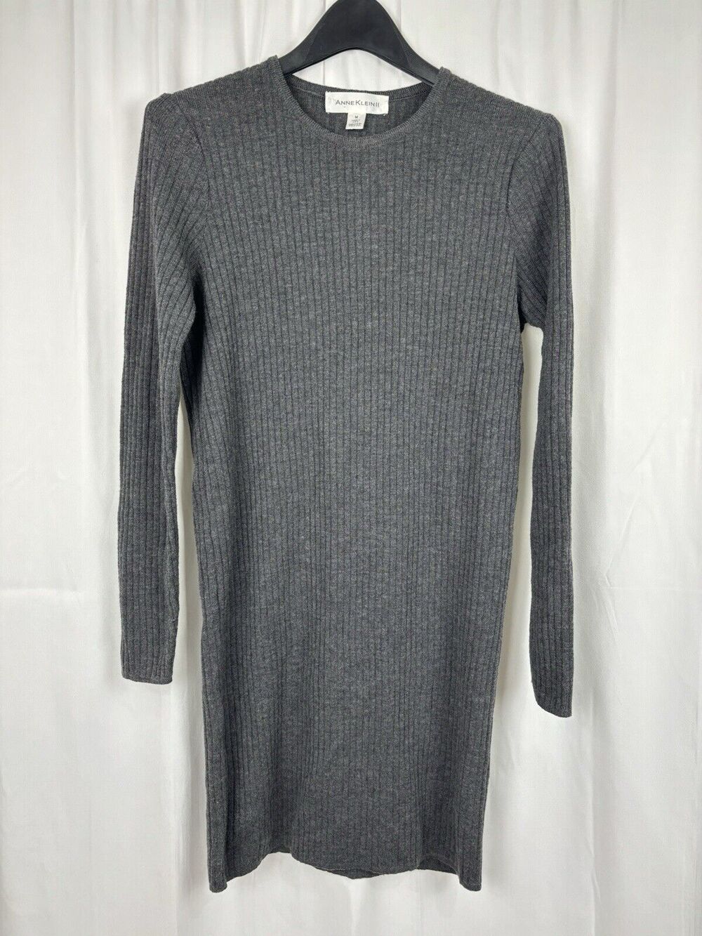 Ann Klein II Women’s S 100% Wool Sweater Dress Long Sleeve V-Neck Gray Elegant